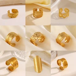 LATS Multiple Styles Stainless Steel Geometric Texture Wide Rings for Women Men Irregular Gold Color Wedding Ring Punk Jewelry