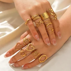 Gold Color Stainless Steel Heart Rings for Women Girl Leaf Finger Hollow Open Ring Waterproof Fashion Jewelry Accessories Gift